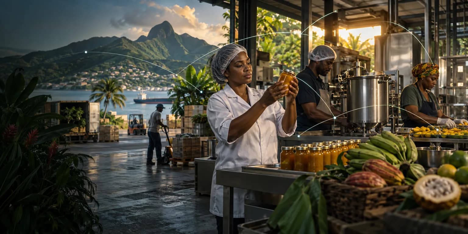 Illustration éditoriale : Équipe d’une unité de production locale contrôlant la qualité de produits martiniquais